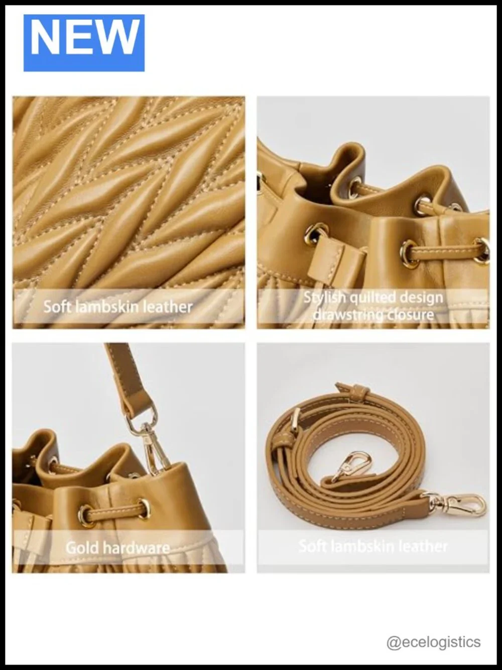 Lambskin Leather Quilted Drawstring Bucket Purse Shoulder Handbag Two Straps